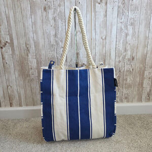 Women's Lancome Tote Bag Blue White Striped Rope Handle Beach Bag